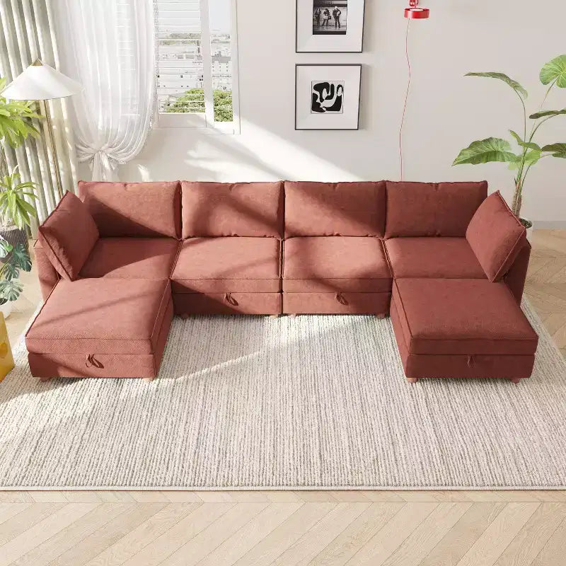 Canapé d'angle modulable en U à six places, moderne, en tissu.