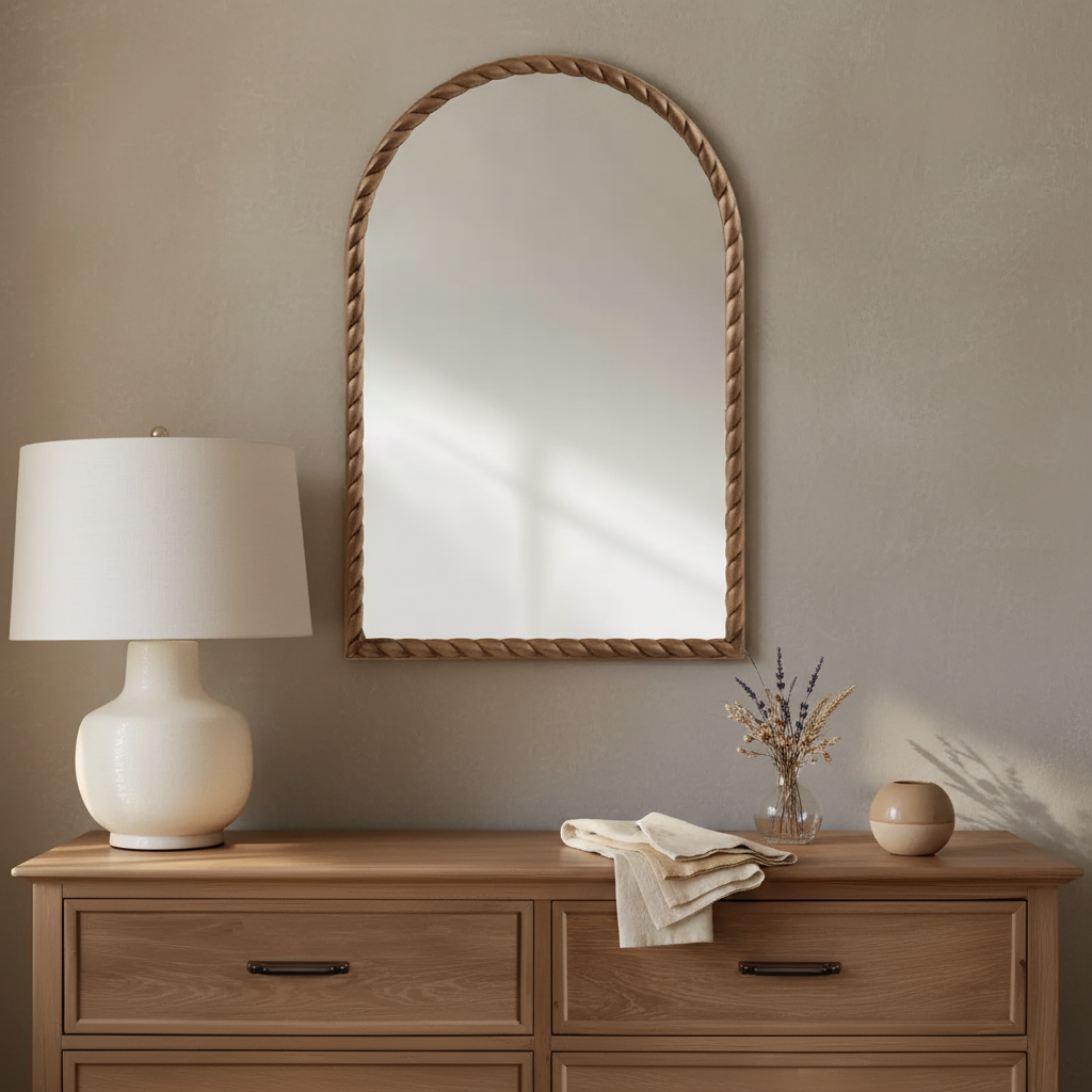 Un miroir décoratif mural arqué avec un élégant cadre en bois d'hévéa tressé.